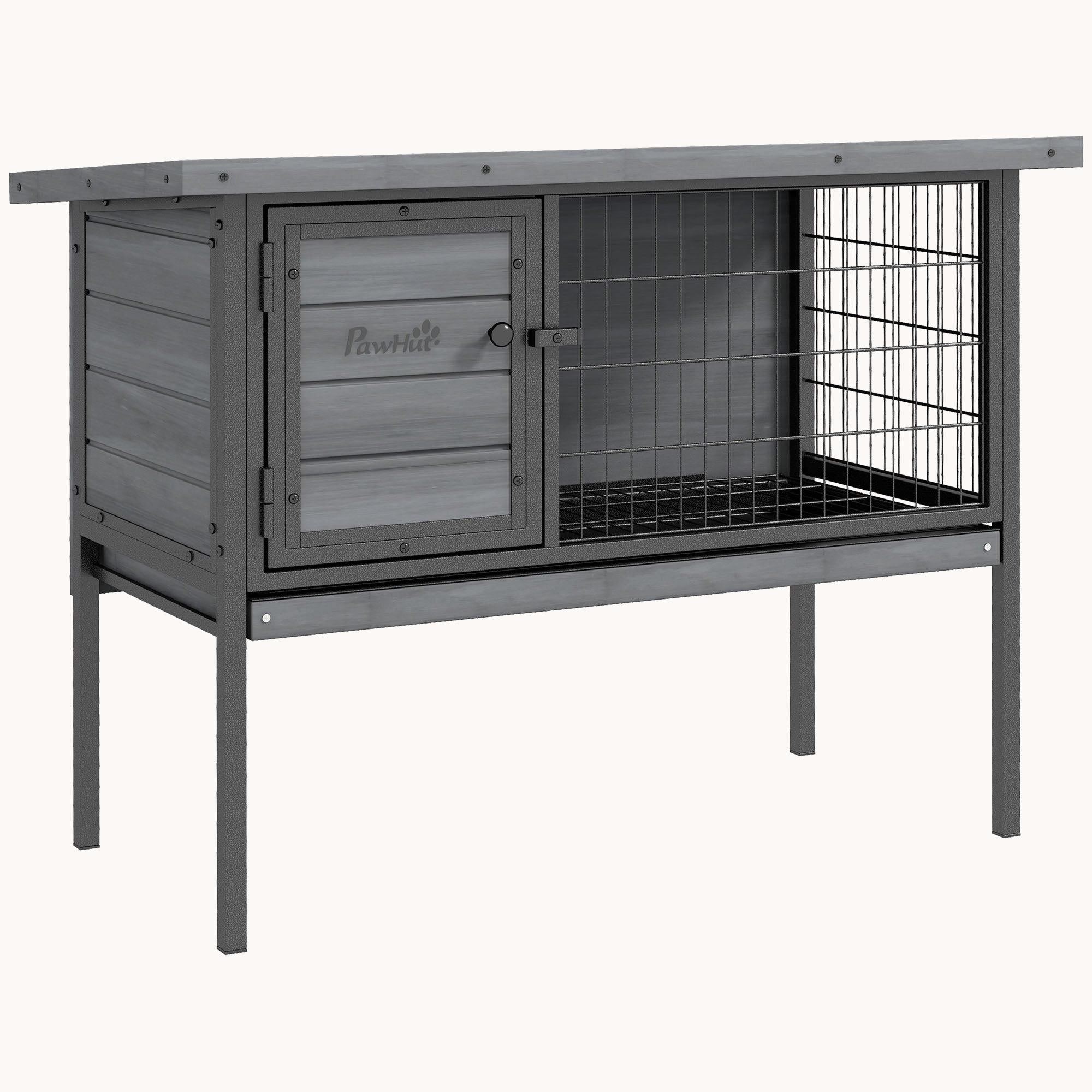 Elevated Rabbit Hutch with No-Leak Tray & Water-Resistant Roof, Gray
