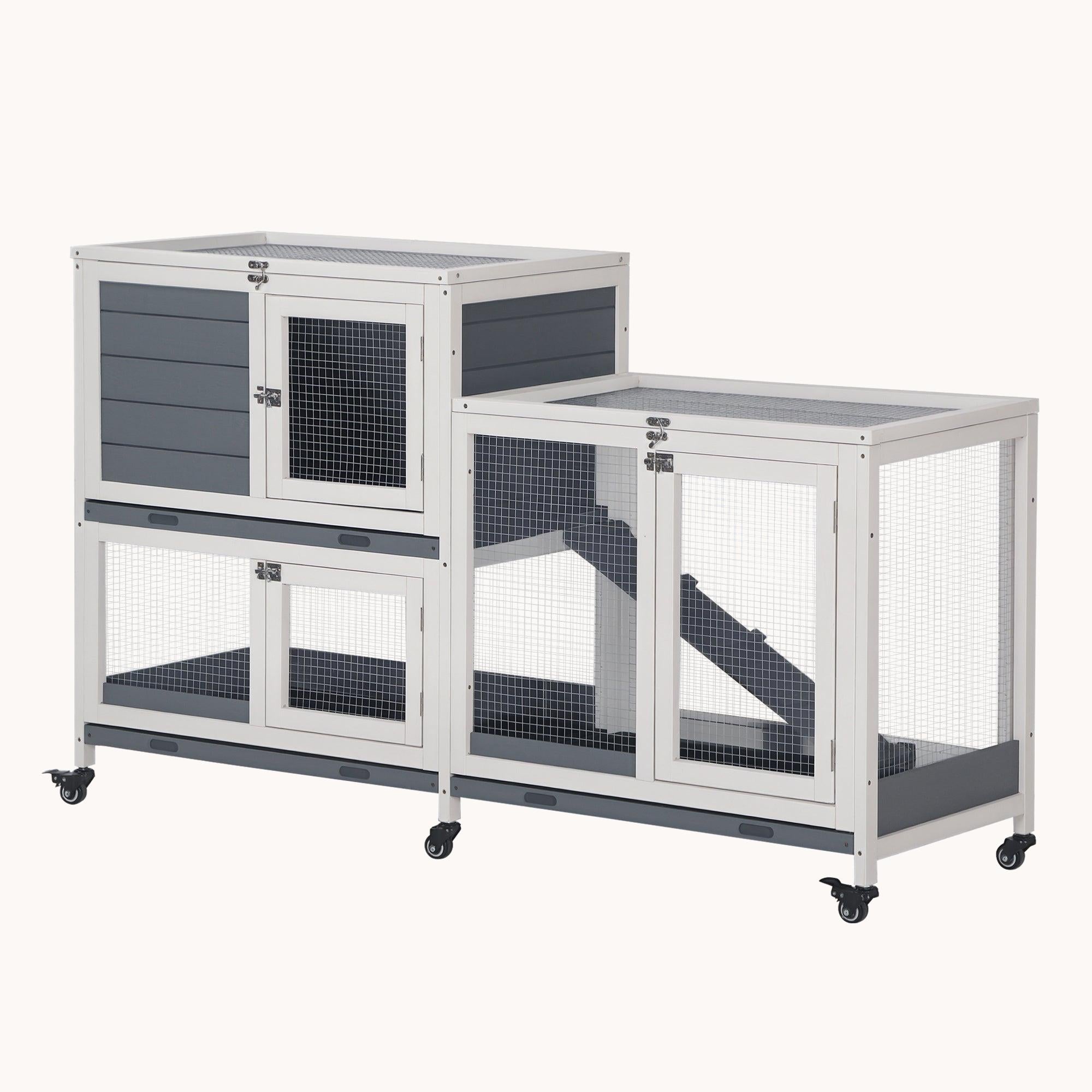 Wooden 2-Story Rabbit Hutch with Wheels 57.75" x 18" x 32.5" Gray