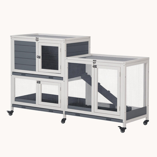 Wooden 2-Story Rabbit Hutch with Wheels 57.75" x 18" x 32.5" Gray