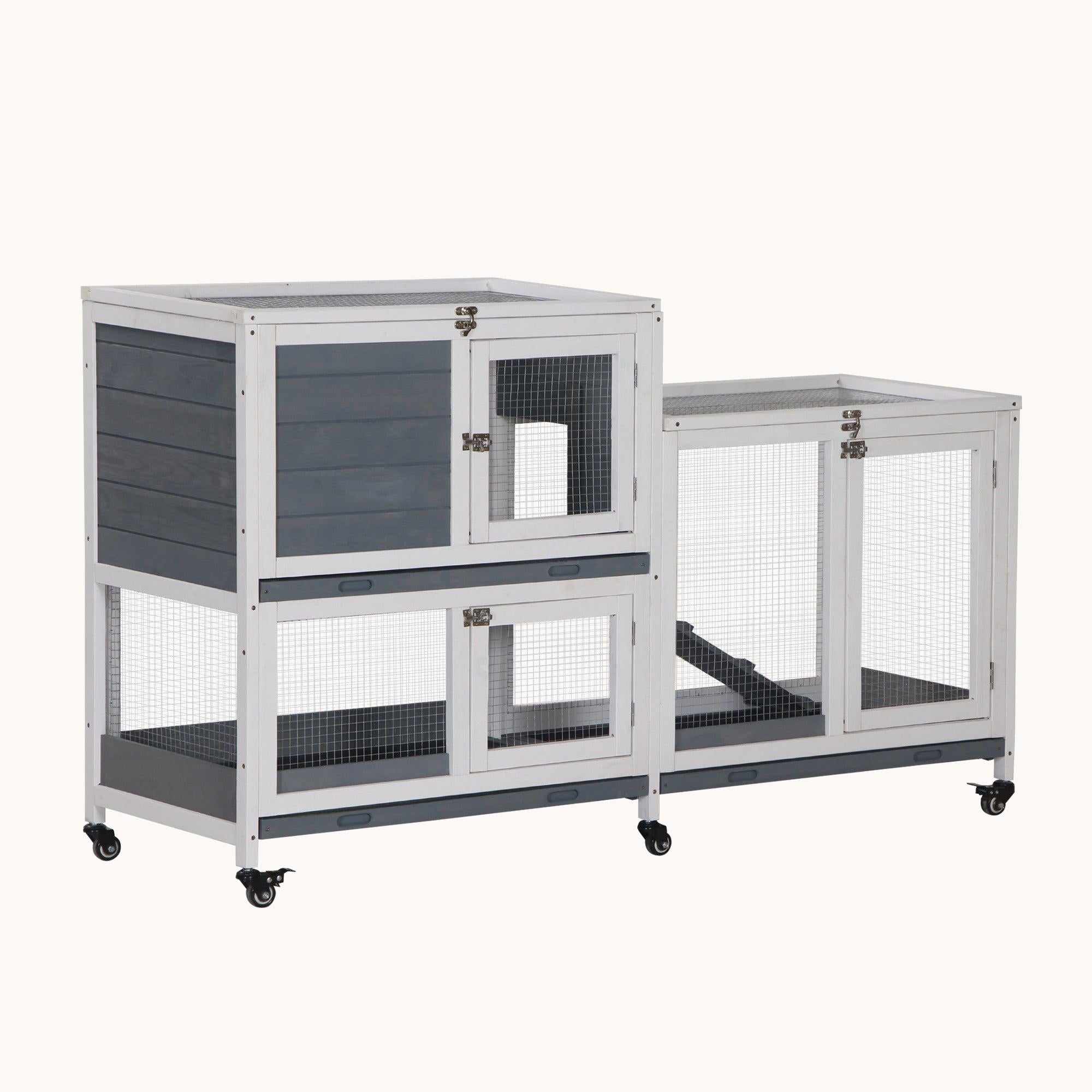 Wooden 2-Story Rabbit Hutch with Wheels 57.75" x 18" x 32.5" Gray