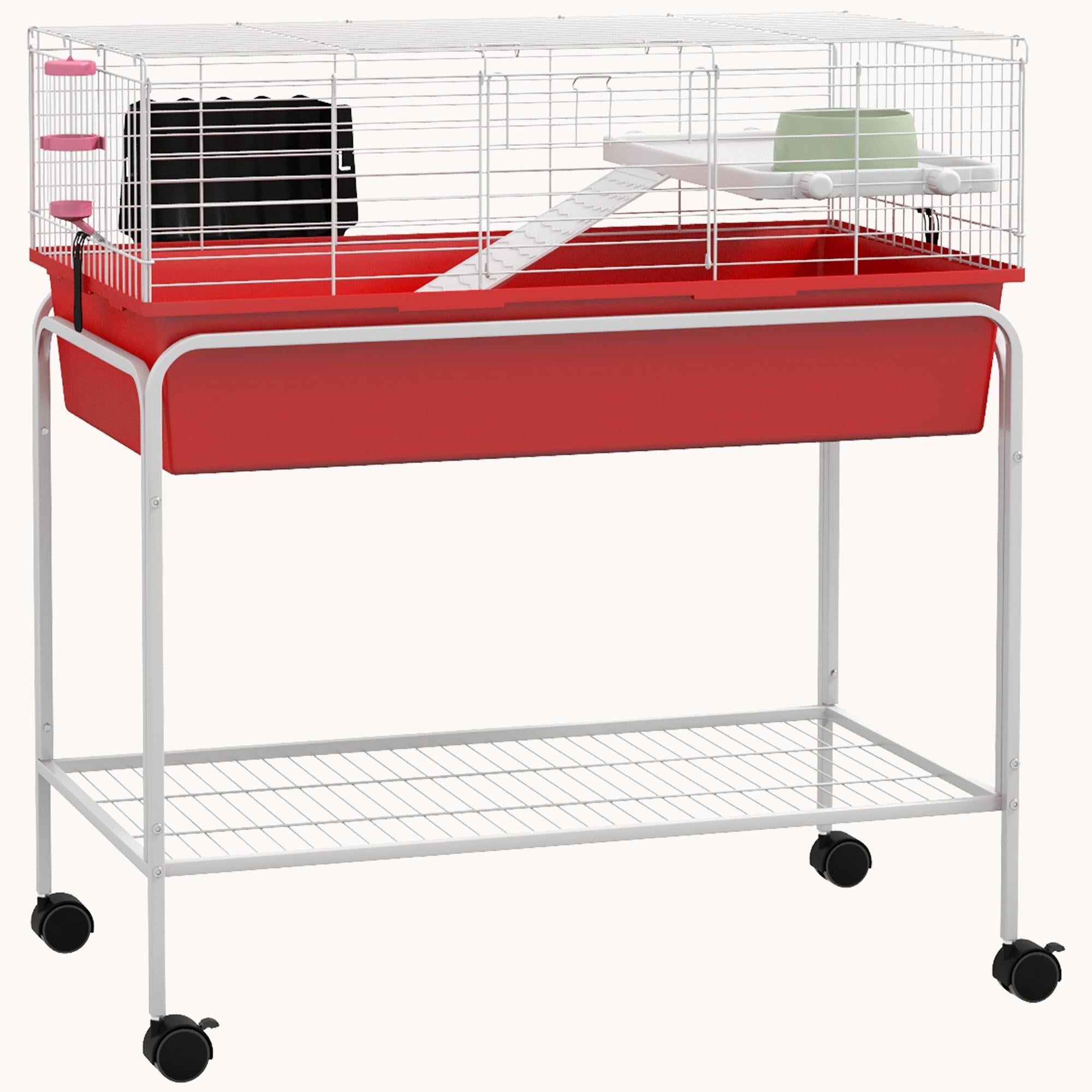 Two-Story Pet Cage with Removable Stand, Shelf & Wheels, 35.25"x18.5"x33", Red
