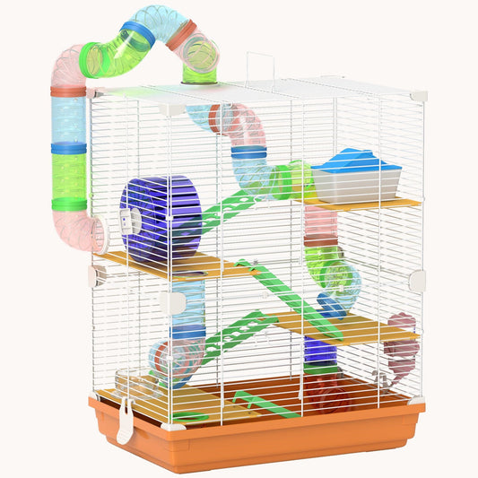 18" 5-Tier Hamster Cage with Tubes & Tunnels, Exercise Wheel, Orange