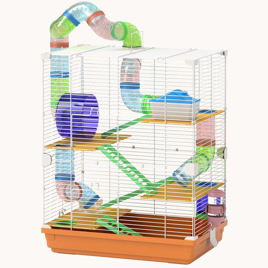 18" 5-Tier Hamster Cage with Tubes & Tunnels, Exercise Wheel, Orange