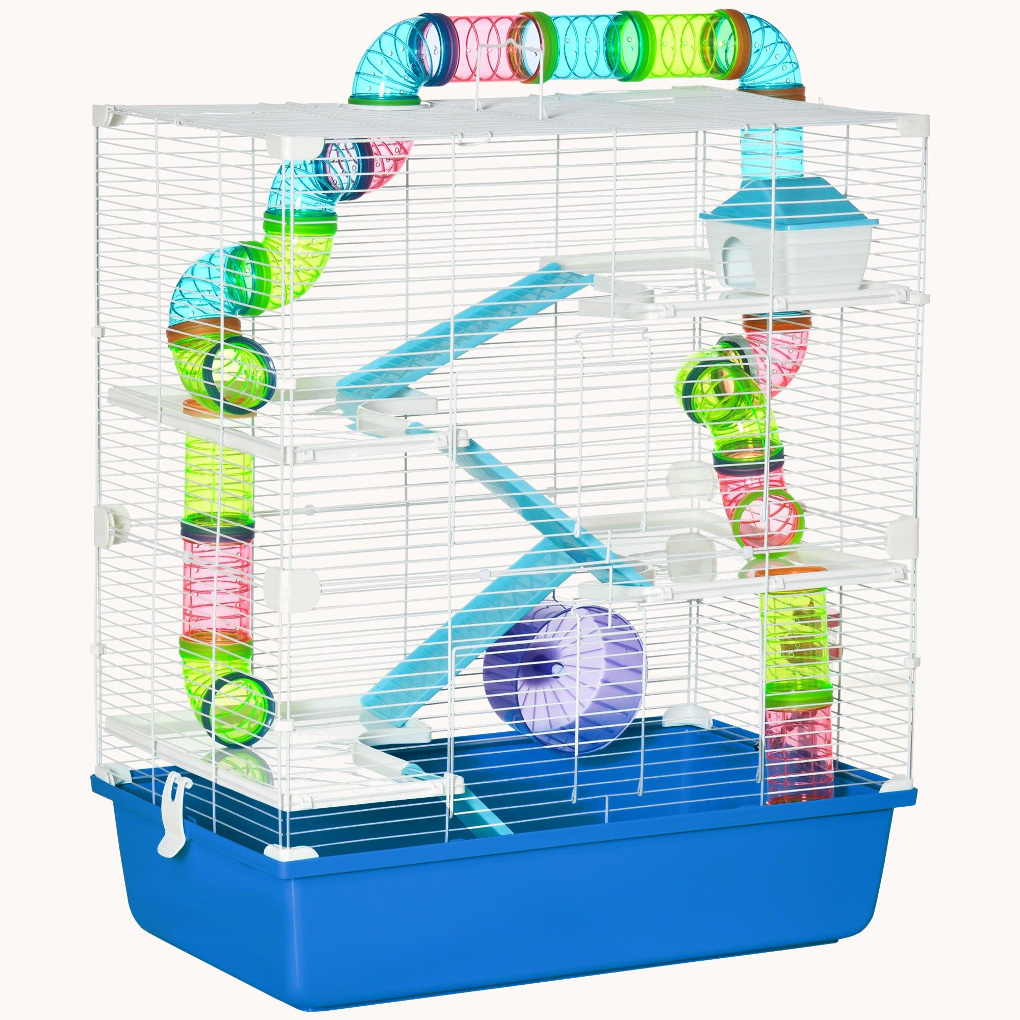 23" Extra Large Hamster Cage with Tubes, 5-Tier Design, Includes Wheel, Bottle & Dish, Blue