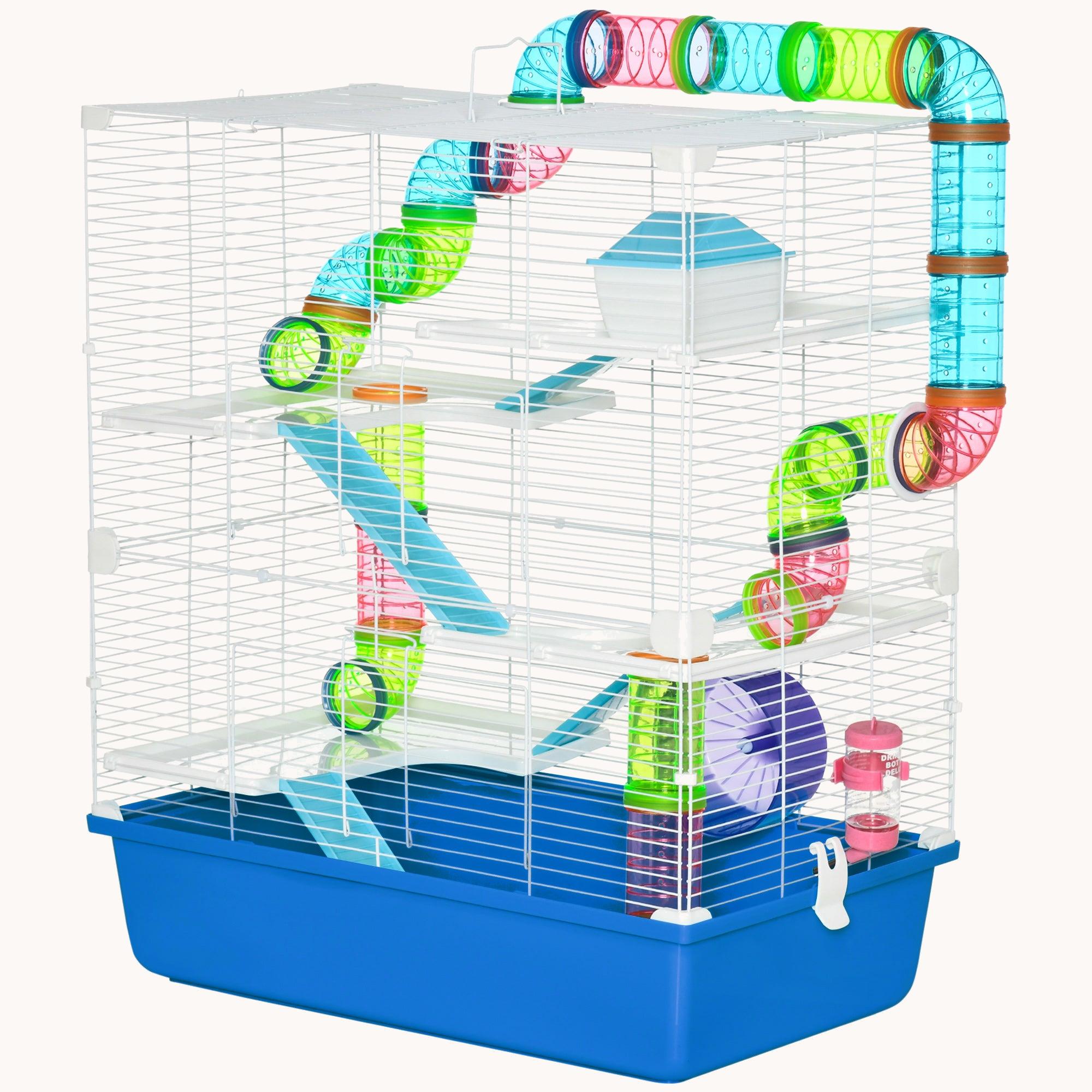 23" Extra Large Hamster Cage with Tubes, 5-Tier Design, Includes Wheel, Bottle & Dish, Blue