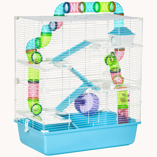 23" Hamster Cage with Tubes & Tunnels, 5-Tier Design, Portable Handles, Light Blue