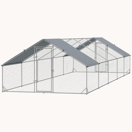 9.8' x 32.8' x 6.4' Spire-Shaped Metal Chicken Run with Waterproof and Anti-UV Cover