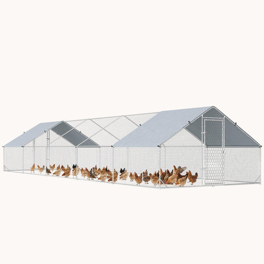 Large Walk-In Chicken Run with Waterproof Cover for 30-40 Hens, Silver