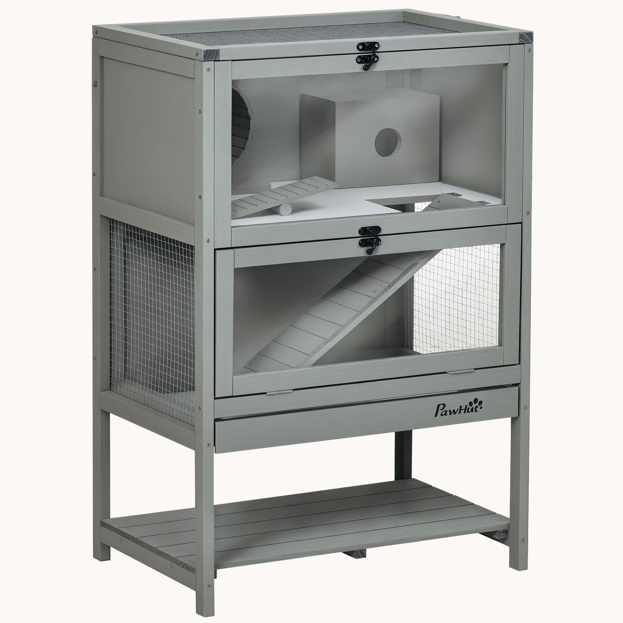 35.5" H Hamster Habitat: Fun Cage with Toys & Storage Shelf Grey