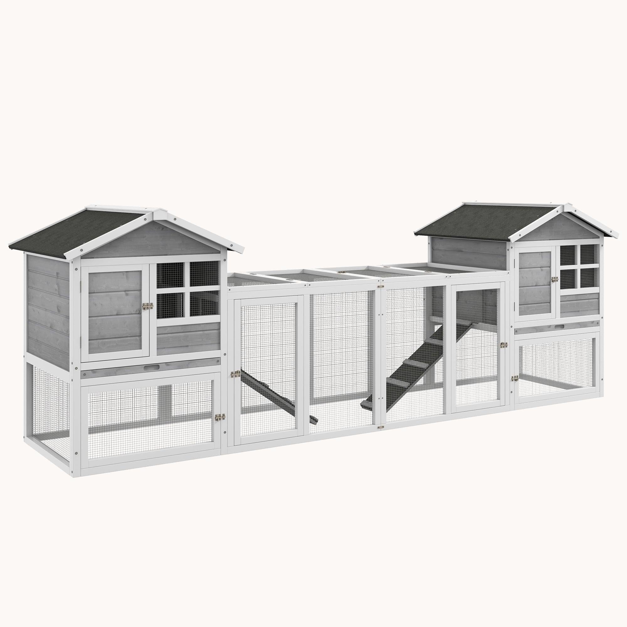 102" Wooden Rabbit Hutch with 2 Run Boxes, No-Leak Tray & Ramp, Gray