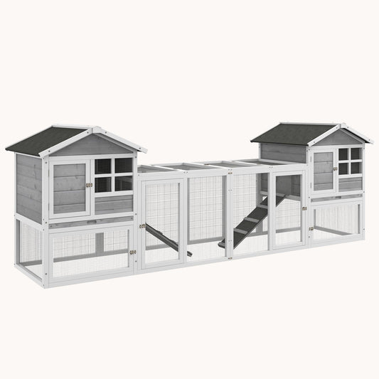 102" Wooden Rabbit Hutch with 2 Run Boxes, No-Leak Tray & Ramp, Gray