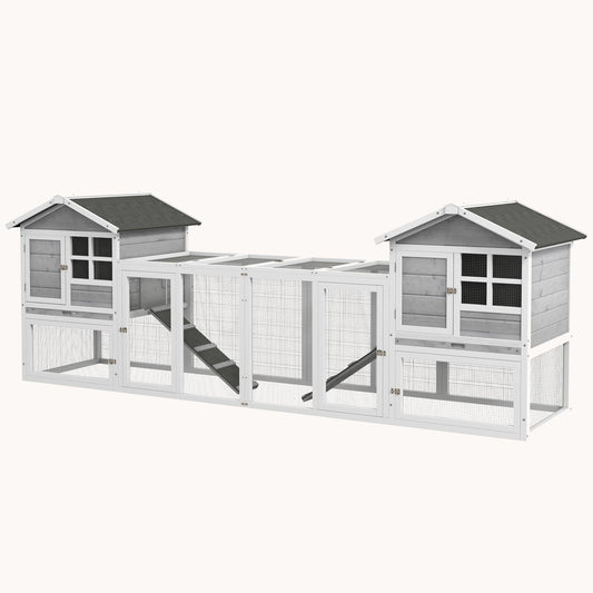 102" Wooden Rabbit Hutch with 2 Run Boxes, No-Leak Tray & Ramp, Gray