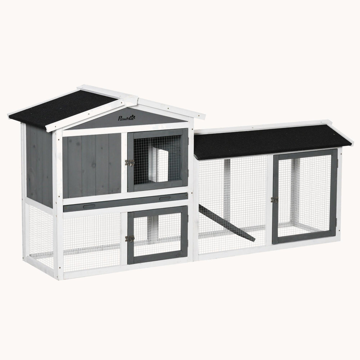 69" Wooden Rabbit Hutch with Removable Tray, Run Area, Lockable Doors & Ramp, White