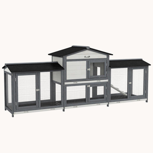 90.5" Wooden Rabbit Hutch with No-Leak Tray, Ramp & Run Boxes - Light Gray