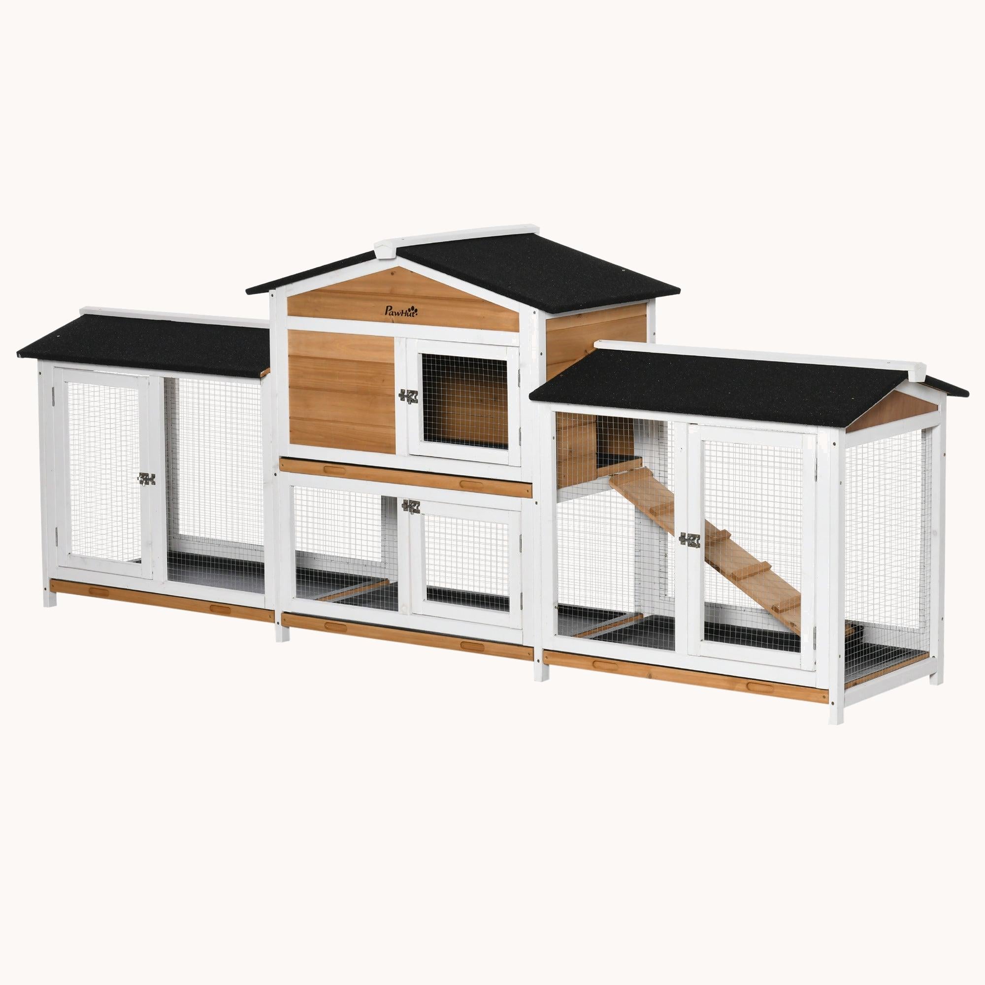 90.5" Wooden Rabbit Hutch with Double Run Boxes, No Leak Tray & Ramp, White