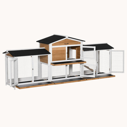 90.5" Wooden Rabbit Hutch with Double Run Boxes, No Leak Tray & Ramp, White