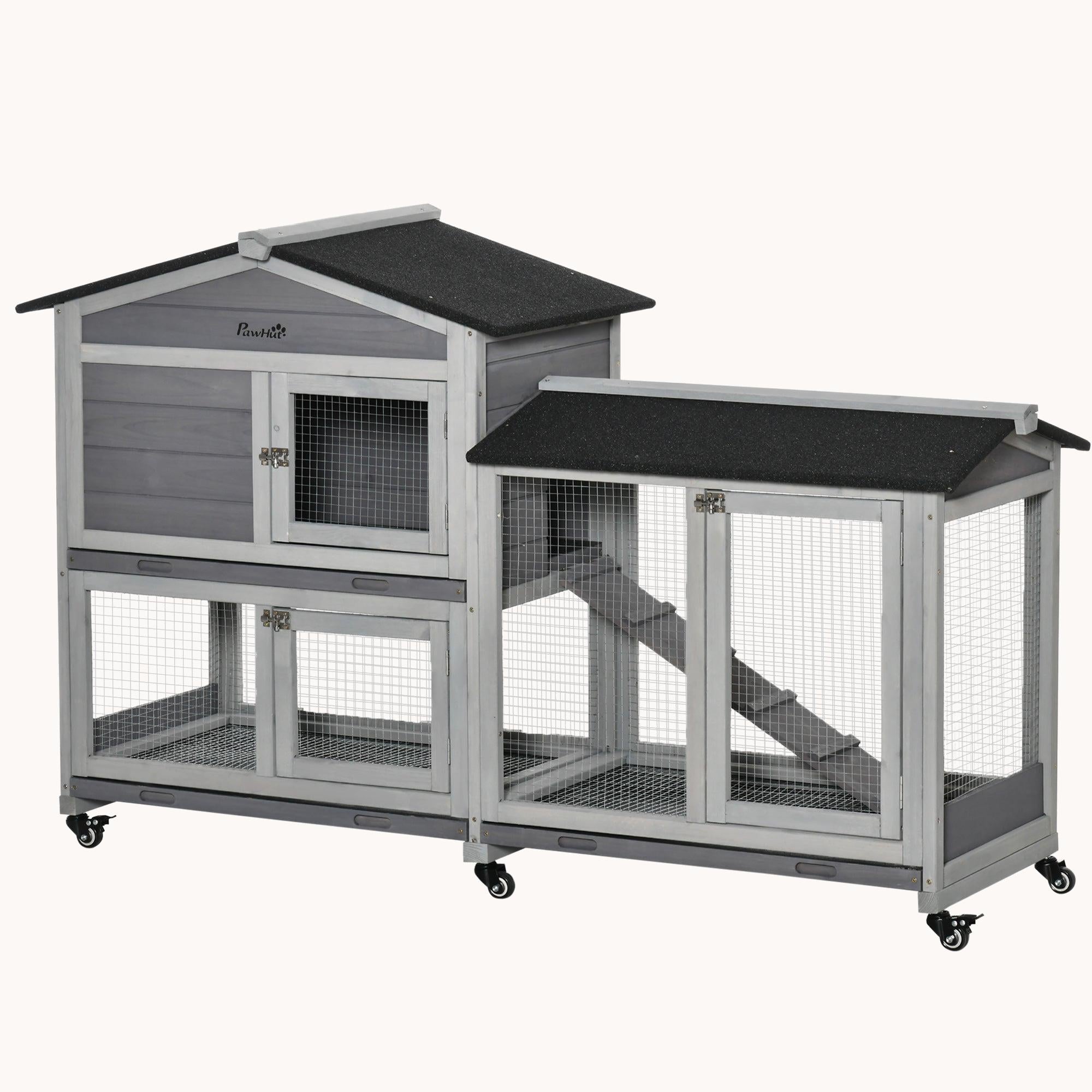 62" Wooden Rabbit Hutch with Wheels, Run Area, Removable Tray, Lockable Doors & Ramp, Gray