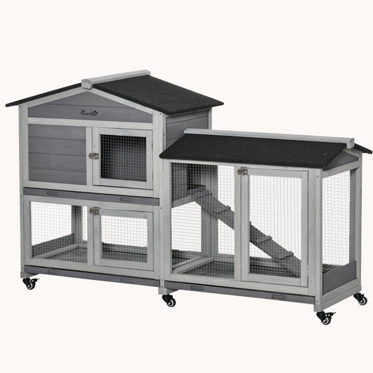 62" Wooden Rabbit Hutch with Wheels, Run Area, Removable Tray, Lockable Doors & Ramp, Gray