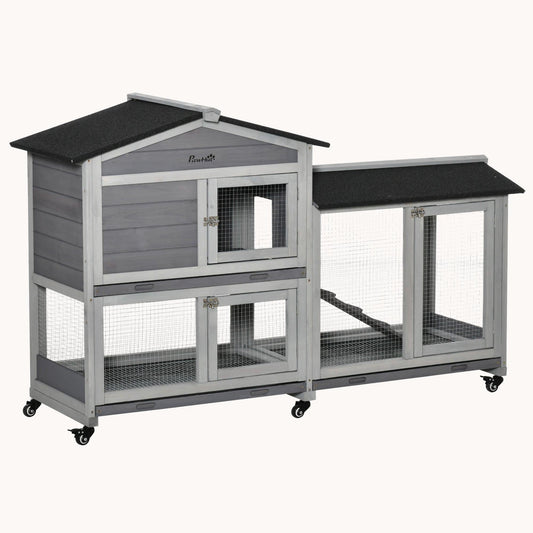 62" Wooden Rabbit Hutch with Wheels, Run Area, Removable Tray, Lockable Doors & Ramp, Gray