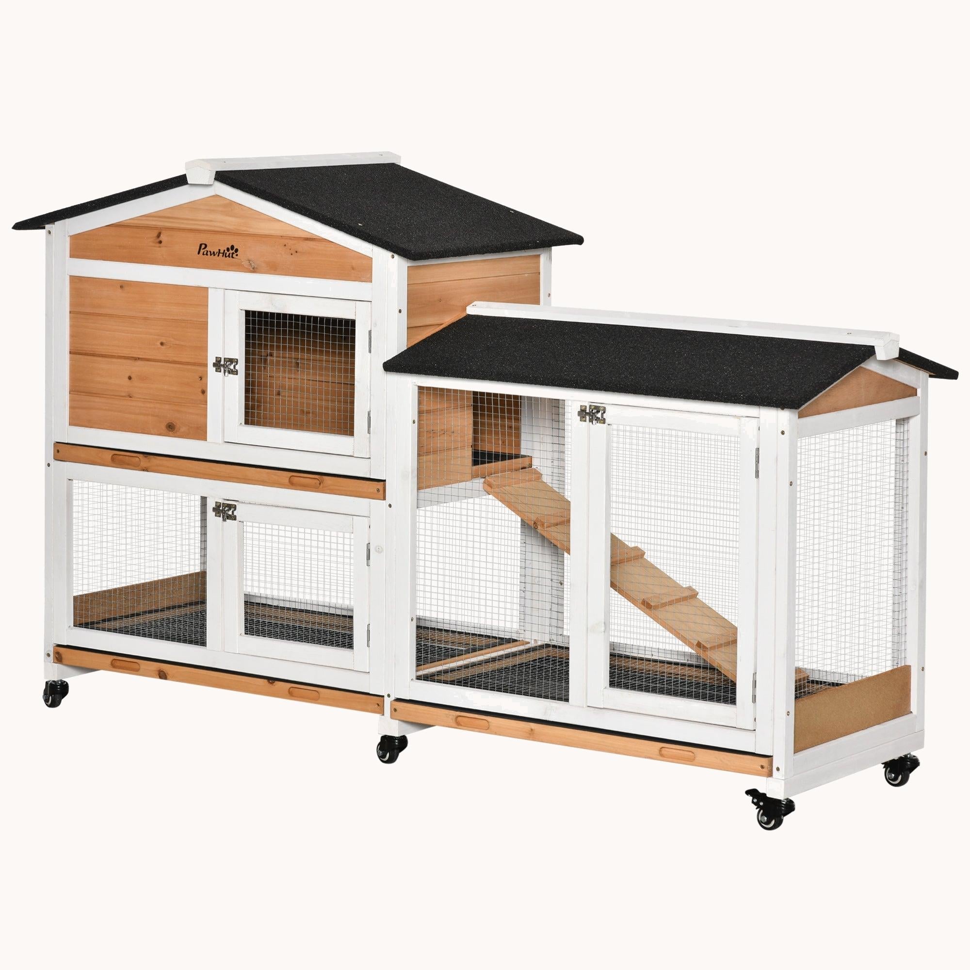 62" Mobile Rabbit Hutch with Spacious Run & Easy Clean Tray Natural Wood
