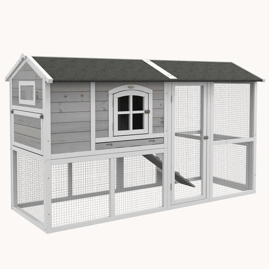 Two-layer Wooden Hen Housewith Run, Nesting Box, for 3-4 Chickens, 77.5" x 32.5" x 46",Light Gray