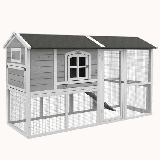Two-layer Wooden Hen Housewith Run, Nesting Box, for 3-4 Chickens, 77.5" x 32.5" x 46",Light Gray