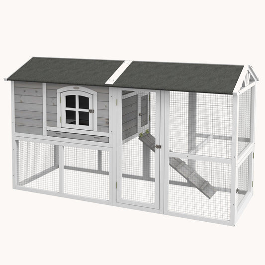Two-layer Wooden Hen Housewith Run, Nesting Box, for 3-4 Chickens, 77.5" x 32.5" x 46",Light Gray