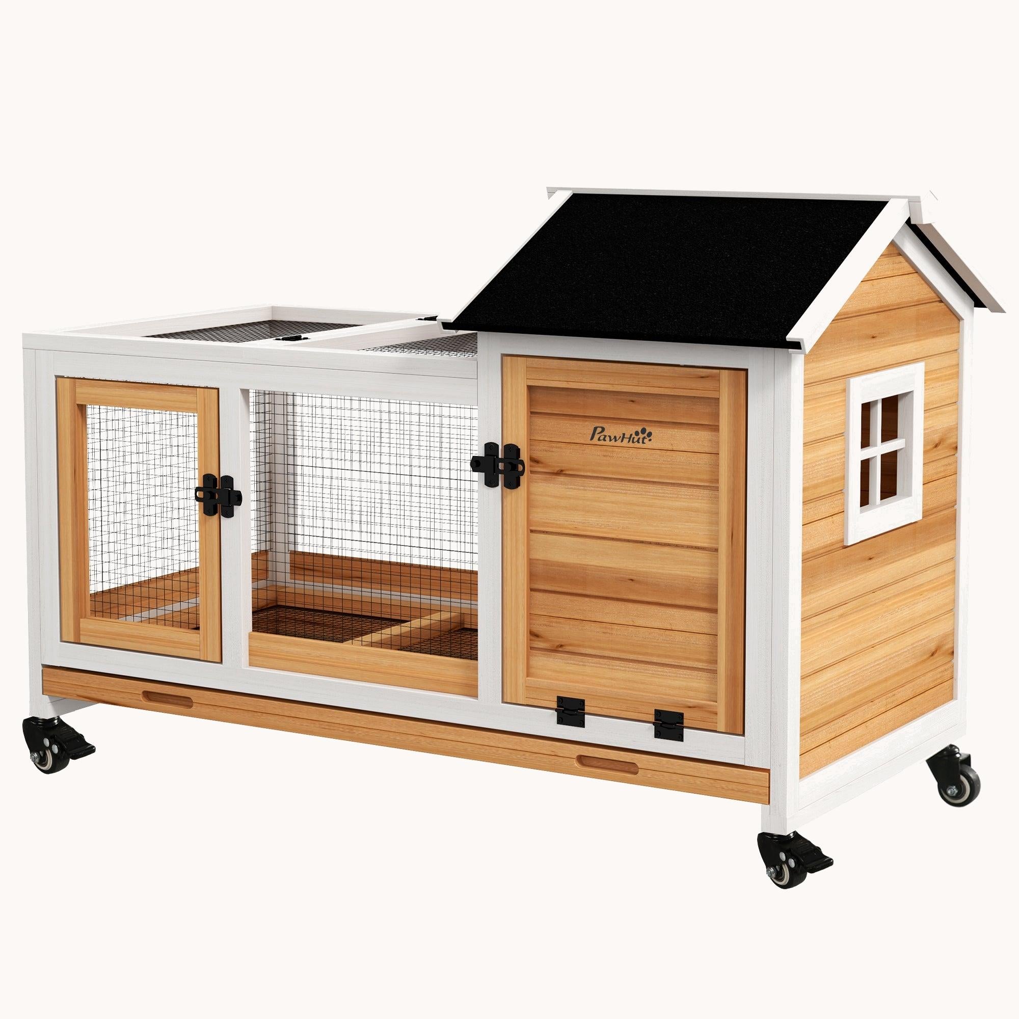 Large Wooden Rabbit Hutch with Wheels, Run & Slide-Out Tray, for Indoor/Outdoor, Yellow