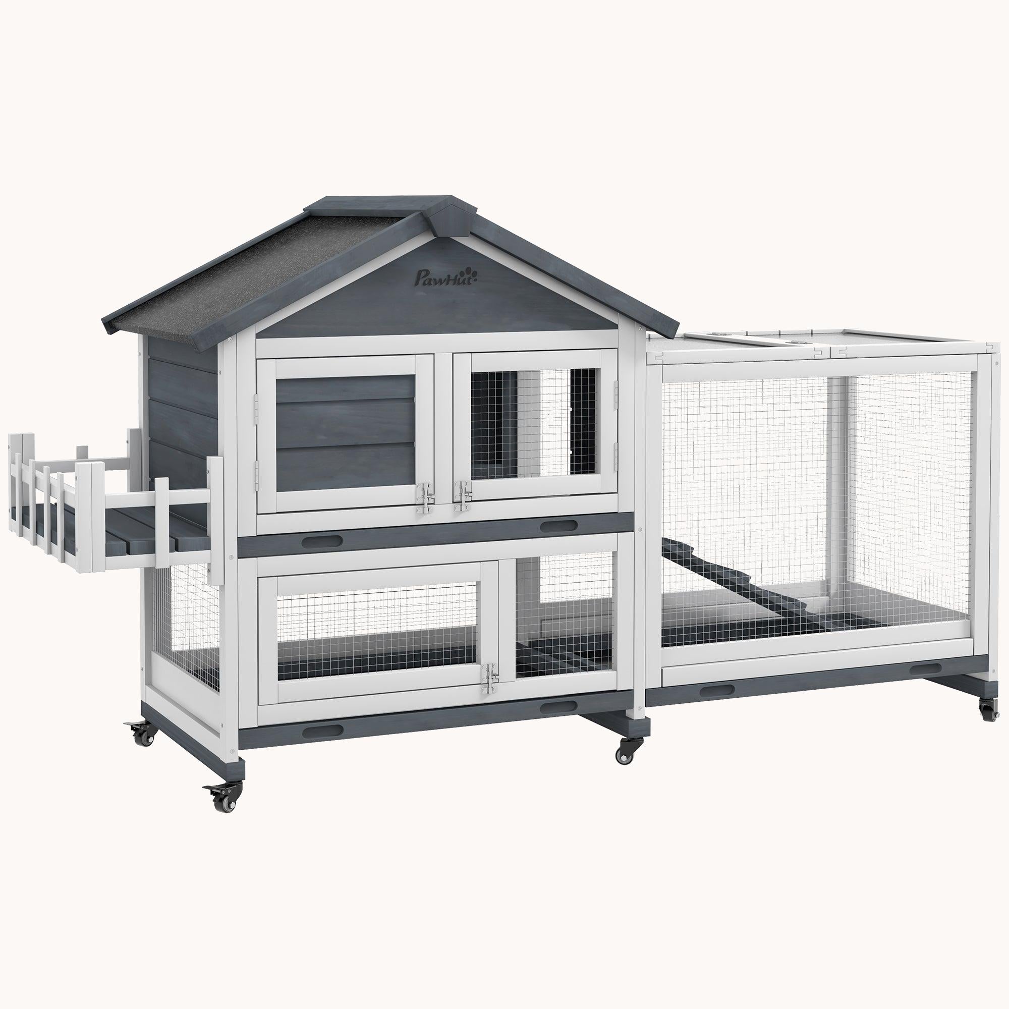 65" Wooden Rabbit Hutch with Openable Roof, Wheels, Slide-out Tray & Ramp, Gray