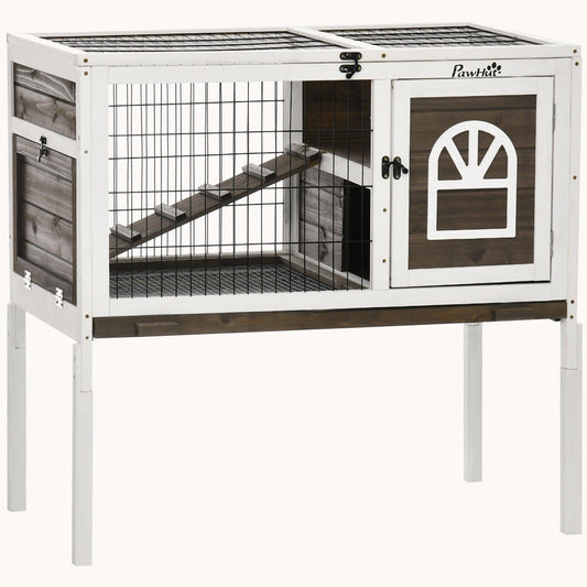 Elevated Indoor Wooden Rabbit & Guinea Pig Cage with Lockable Doors, Removable Tray, Coffee
