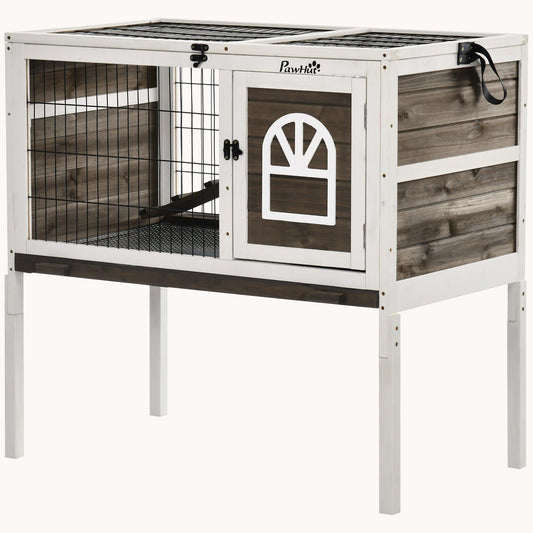 Elevated Indoor Wooden Rabbit & Guinea Pig Cage with Lockable Doors, Removable Tray, Coffee