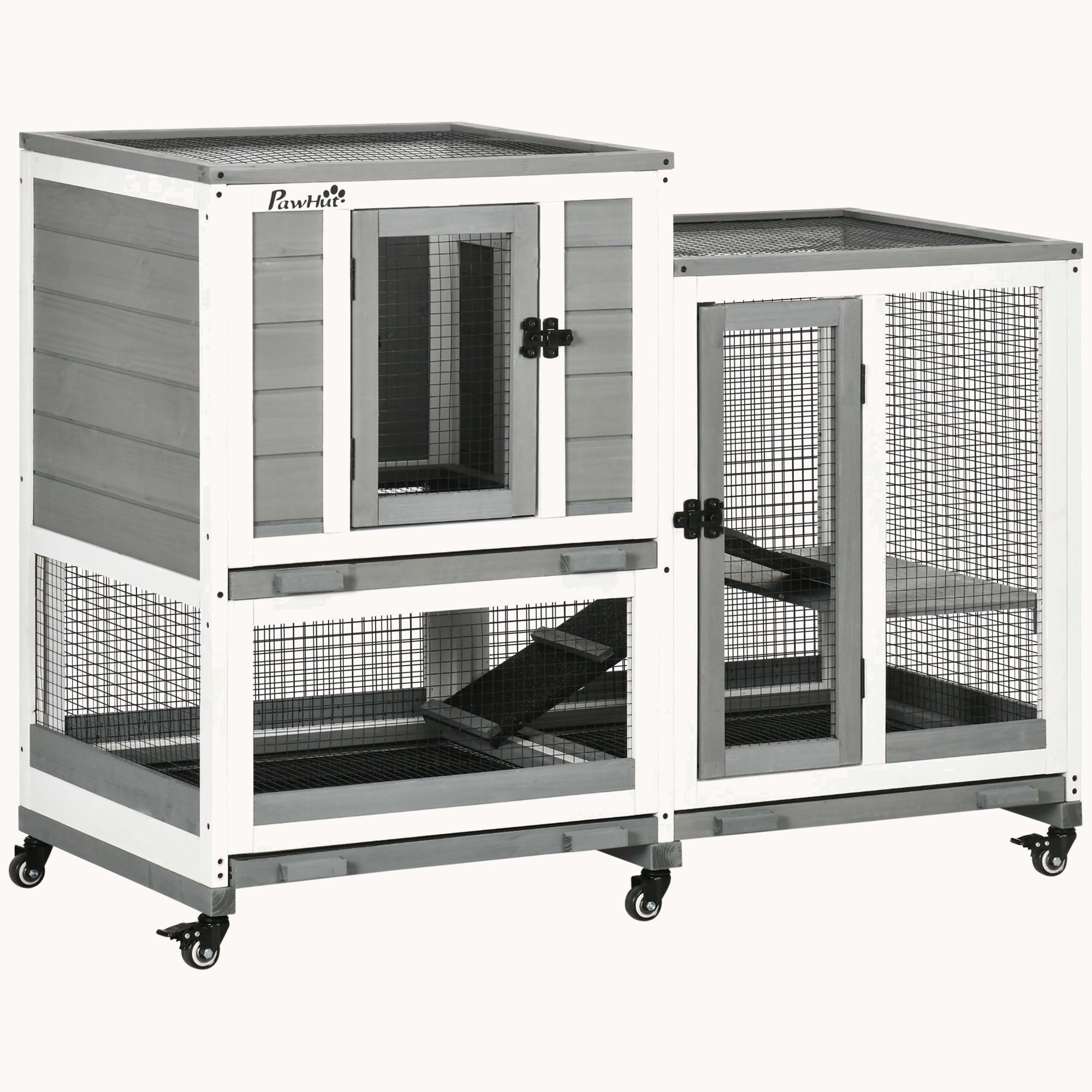 3-Story Wooden Rabbit Hutch with Waterproof Roof, Removable Trays & Wheels, Gray