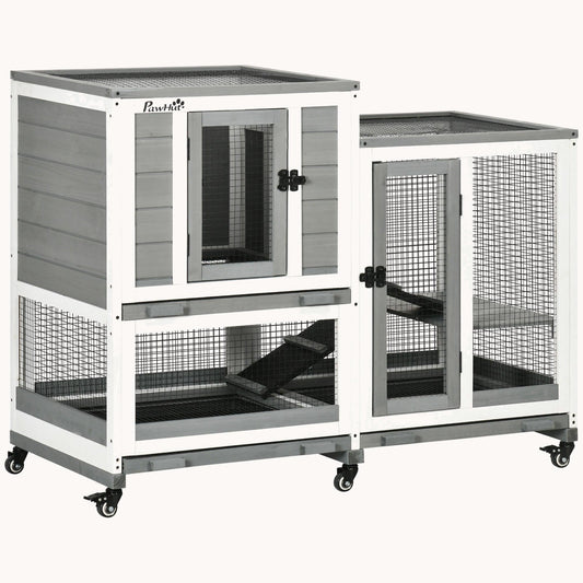 3-Story Wooden Rabbit Hutch with Waterproof Roof, Removable Trays & Wheels, Gray