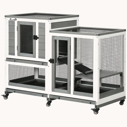 3-Story Wooden Rabbit Hutch with Waterproof Roof, Removable Trays & Wheels, Gray