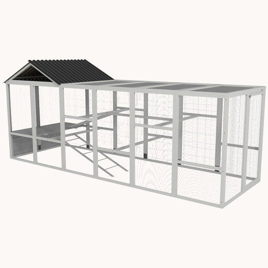 Wooden Chicken Run Add-On with Storage, Perches & Ladders, Grey
