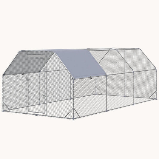 Walk-In Metal Chicken Run with Waterproof Cover, 18.7' x 9.2', Silver