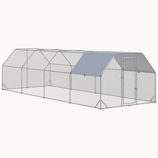 Walk-In Metal Chicken Run with Waterproof Cover, 24.9' x 9.2', Silver