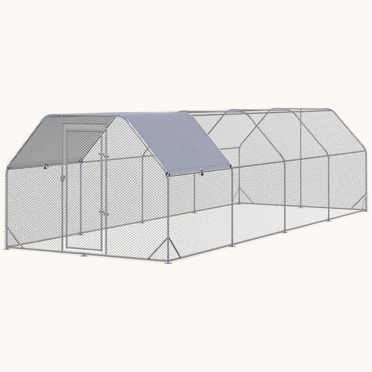 Walk-In Metal Chicken Run with Waterproof Cover, 24.9' x 9.2', Silver
