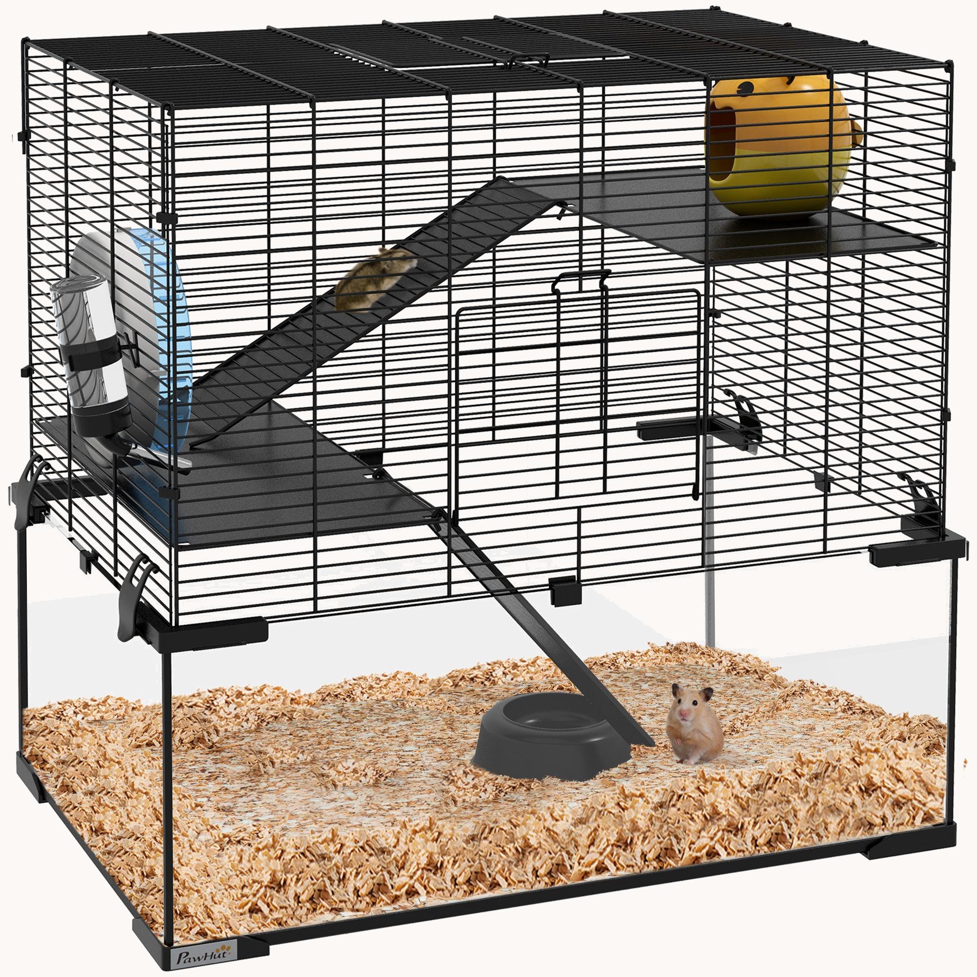3-Tier Hamster Cage with Tempered Glass Base & Running Wheel 23.5"x16"x22.5"