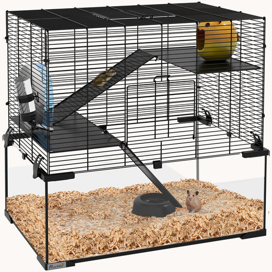 3-Tier Hamster Cage with Tempered Glass Base & Running Wheel 23.5"x16"x22.5"