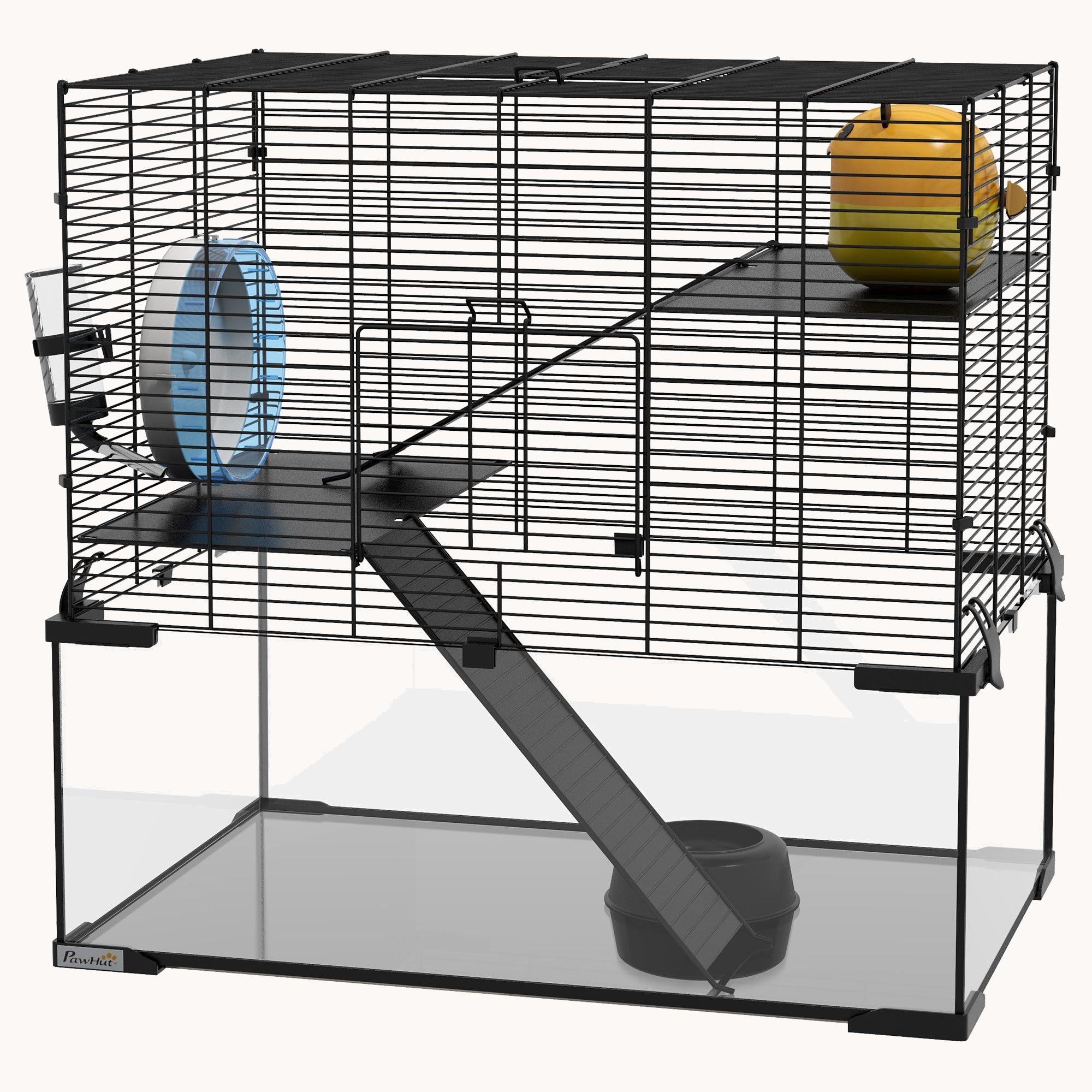3-Tier Hamster Cage with Tempered Glass Base & Running Wheel 23.5"x16"x22.5"