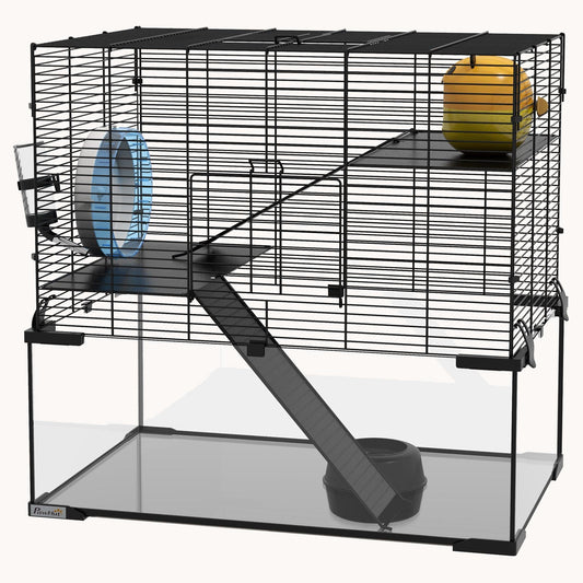 3-Tier Hamster Cage with Tempered Glass Base & Running Wheel 23.5"x16"x22.5"