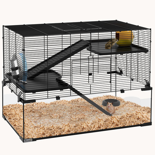 Hamster Cage with Deep Tempered Glass Bottom & 3-Tier Design, 31"x19"x22.5"