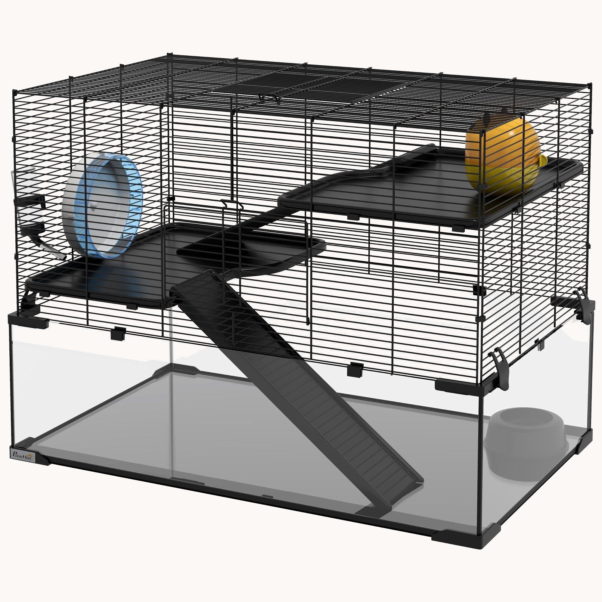 Hamster Cage with Deep Tempered Glass Bottom & 3-Tier Design, 31"x19"x22.5"