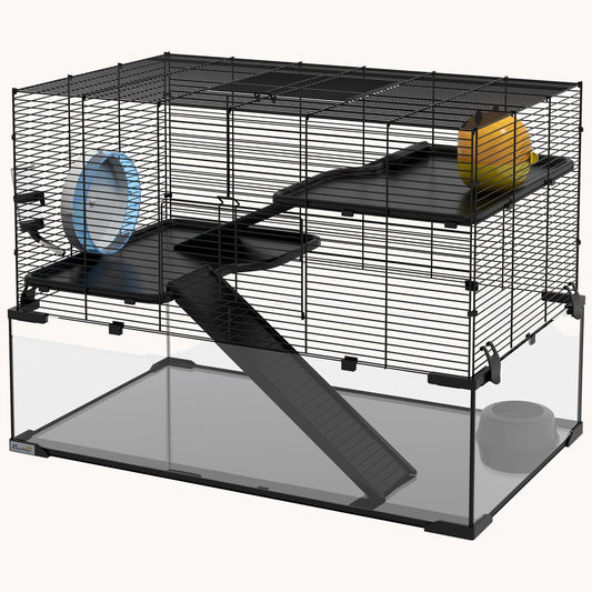 Hamster Cage with Deep Tempered Glass Bottom & 3-Tier Design, 31"x19"x22.5"