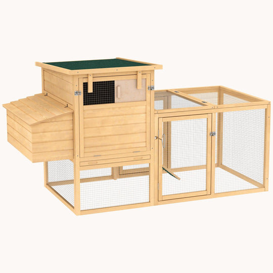75" Chicken Coop with Outdoor Run & Easy-Clean Tray Natural