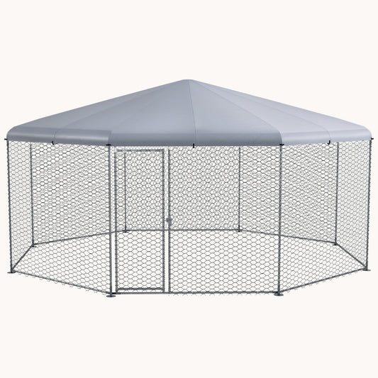Octagonal Metal Chicken Run with Waterproof Cover, Silver