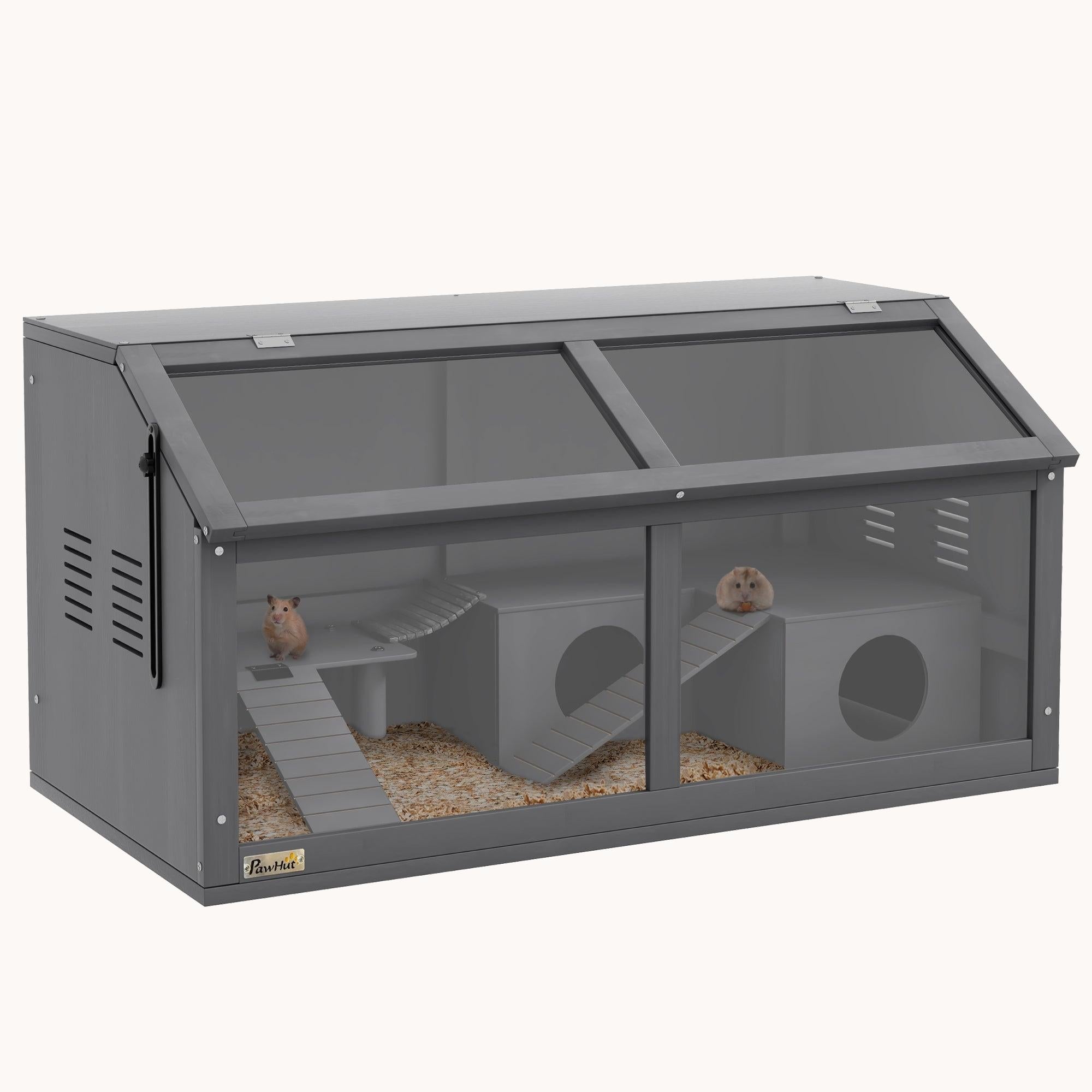 Wooden Hamster Cage with Suspension Bridge, Ladders & Openable Top, 33.5"x18"x17"