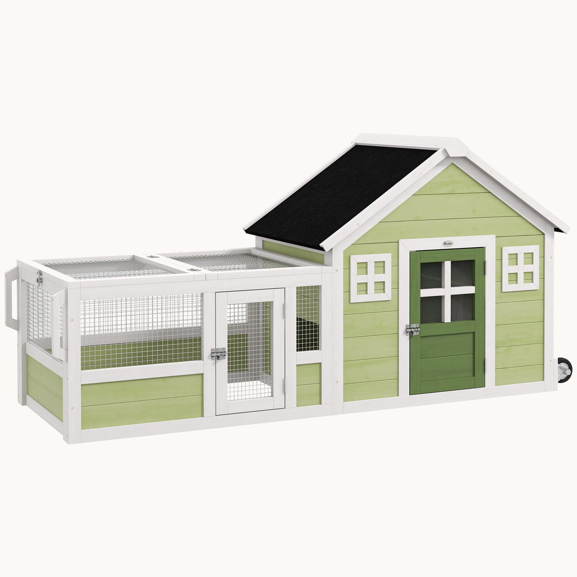 64" Wooden Outdoor Rabbit Hutch with Wheels & Asphalt Roof, Multicolor