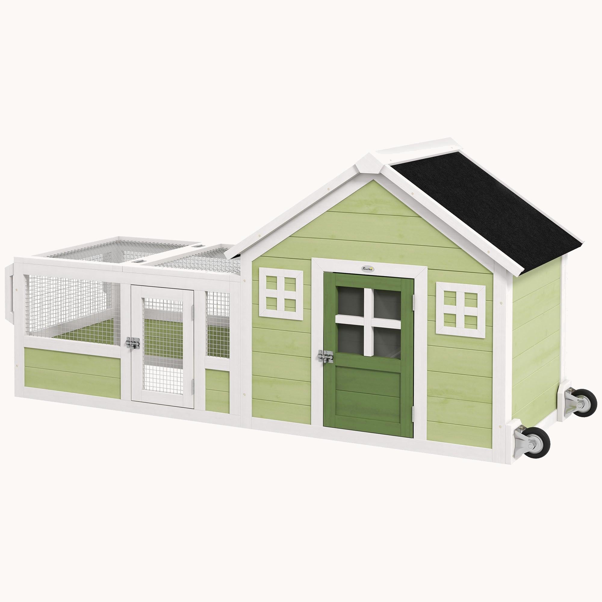 64" Wooden Outdoor Rabbit Hutch with Wheels & Asphalt Roof, Multicolor